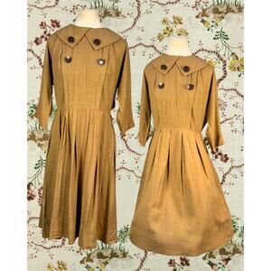 Vintage 50s Kerrybrooke Sears Nutmeg Pointed Collar Pleated Shirtwaist Dress L